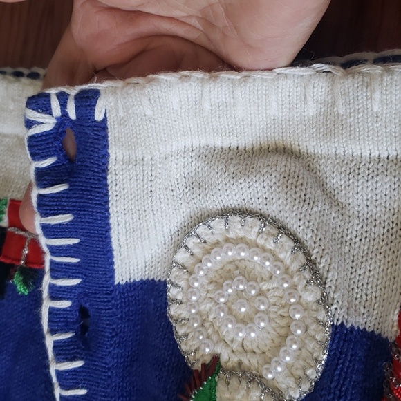 OHI Christmas Blue Sweater Beaded Snowman Snowflakes Detachable Fur Collar Sz XL - Picture 13 of 17